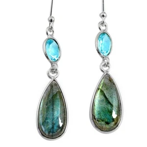 Lovely Fire Labradorite & Blue Topaz Gemstone 925 Sterling Silver Hook Earrings - Picture 1 of 4