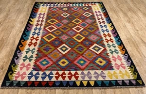 Alfombra de lana oriental Kilim afgana/turca hecha a mano genuina vintage 208 x 156 cm - Imagen 1 de 9