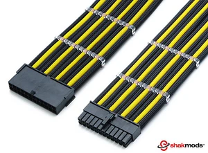 Shakmods 24pin ATX Mobo 30cm Black & Yellow Sleeved Extension + 2 Cable Combs - Picture 1 of 5