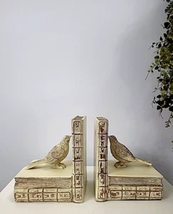 Vintage Look Bird Book Ends Bookends Cream & Gold Country Style - Picture 1 of 12