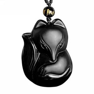 Crystal natural black obsidian fox necklace pendant with bead chain for wen - Picture 1 of 7