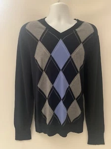 Banana Republic Black & Blue Argyle Cotton Cashmere Blend V-Neck Sweater -Mens L - Picture 1 of 7