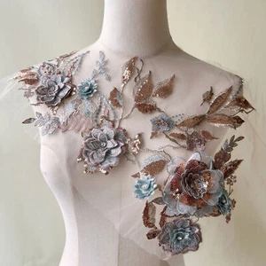 3D Crystal Blossom Lace Applique Embroidery Sequined Lace Motif for Costumes - Picture 1 of 13