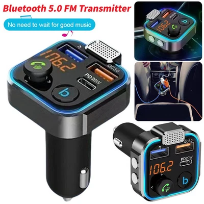 FM-передатчик Bluetooth QC3.0 PD USB-C автомобильное зарядное устройство беспроводной адаптер с подсветкой RGB - Изображение 1 из 4