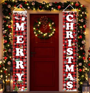 72x12" FROHE WEIHNACHTEN hängendes Banner Veranda Schild & Weihnachtsbaum Schneemuster - Bild 1 von 9