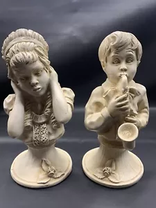 Vintage 1971 Ceramic Boy Playing Sax and Girl Covering Ears Pair Statues - Picture 1 of 7