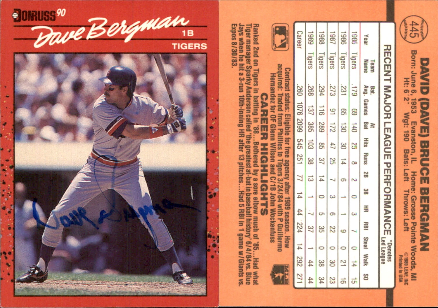 Dave Bergman Signed 1990 Donruss #445b Card Detroit Tigers Auto AU