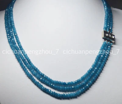 3 Rows Faceted 2x4mm Light Blue Aquamarine Rondelle Gems Beads Necklace 17-19'' - Image 1 of 4