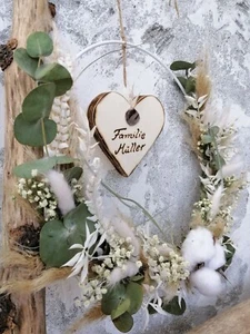 Flower Hoop Metallring weiß mit Holzherz für Namen Wandkranz Hochzeitsgeschenk - Bild 1 von 7