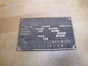 ELLIOT CO RIDGWAY WORKS PA USA AC GENERATOR Old Embossed Brass Nameplate Sign - Picture 1 of 8