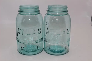 2 VINTAGE ATLAS STARKE SCHULTER 1 QUART BLAU GLAS EINMACHGLÄSER A - Bild 1 von 2