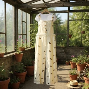 Cider Corduroy Overalls Cottagecore Floral Embroidery Ditsy Cream Cozycore Daisy - Picture 1 of 15