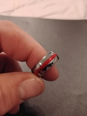 Tungsten Carbide Men's Ring Polished Slver Thin Red Line In Middle - Image 1 of 3