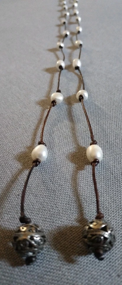 Collar Lariat Largo 67" Perla Agua Dulce Cuero - 27 Perlas Estilo Boho Artesanal Foto 1 de 4