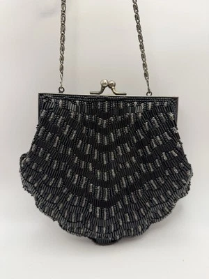 Vintage Black Beaded Clam Shell Evening Bag Purse 1960s? Metal Long Strap - Image 1 of 4