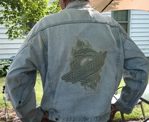 RIDE FOR MDA ABATE INDIANA worn ragged EMBOSSED heavy vintage jean biker jacket - Picture 1 of 20