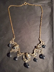 Delicate Filigree Silver Necklace with Cabochon Tanzanite Peardrops, Vintage - Picture 1 of 9