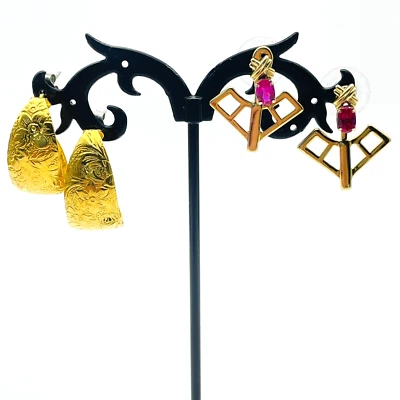Vintage Gold Tone Earrings Lot Embossed Floral Hoops and Geometric Pink Stone - Image 1 of 4