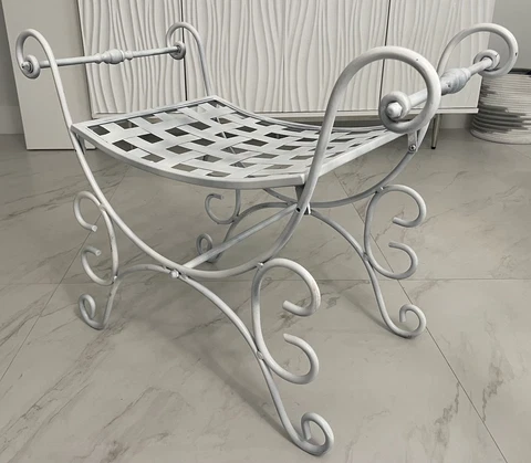 1970’s Hollywood Regency White Wrought Iron Bench With Scrolled Arms And Feet Cover