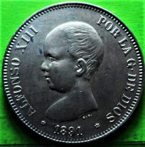 ALFONSO XIII, 5 Pesetas, 1891 *18-91, EBC+, Ag, Bonita - Bild 1 von 2