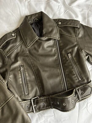 Faux Leather Oversized Olive Khaki Brown / Black Cropped Leather Jacket Zar - Image 1 of 4