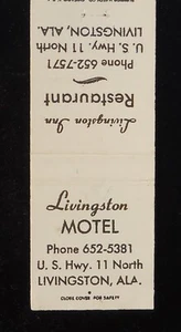 Livingston Motel Restaurant Hwy años 60. Libro de cerillas 11 Livingston AL Sumter Co - Imagen 1 de 2