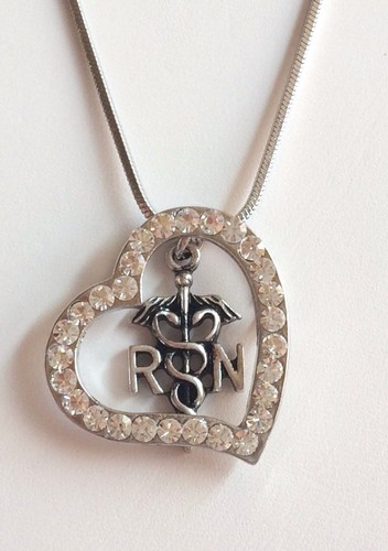 HERMÈS RN Collana Caduceo Infermieristico Cristallo Placcato Argento Cuore Infermiera Regalo Laurea