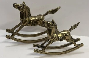 Pair Brass Rocking Horse Nursery Decor Figurine Statue 6” X 7.25” And 4.75” X 6” - Picture 1 of 3