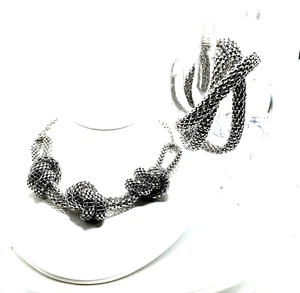 Vintage Chunky Silver Knotted Mesh Chain Choker Collar Necklace Bracelet Set - Picture 1 of 10