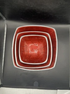 Julia Knight Enamel Nesting Bowls - Crimson Red - Square Trinket Candy - Signed - Picture 1 of 14