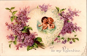 Postkarte An meinen Valentinstag liebevolle Cherubs mit Singvogel ungeteilte Rückseite unbesendet - Bild 1 von 3
