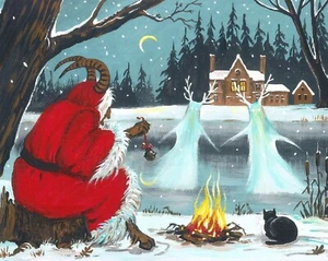 8x10 print of paintIng RYTA CHRISTMAS KRAMPUS BLACK CAT Halloween Folk Art Lake - Picture 1 of 1