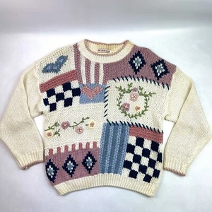 Huntington Ridge Knitted by Hand Hearts Beige Knit 55% Ramie Pullover Sweater M - Picture 1 of 10