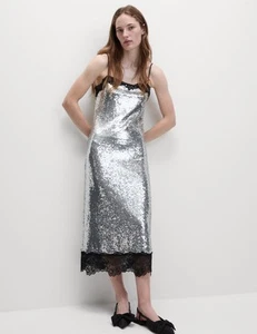 Marks & Spencer Womens Silver Synthetic Slip Sequin Midi Dress - M&S - Picture 1 of 12