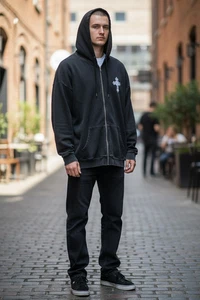 Y2K Streetwear Felpa con Cappuccio -ROMWE Uomo Goth Cross Nero Zip Taglia Large - Foto 1 di 10