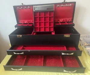 Vtg Mid Century Not Buxton Or Mele Black Red F/Leather Jewelry Box 2 Keys - Picture 1 of 11