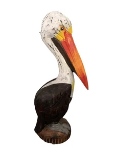 20" BRAUNER PELIKAN AUF STAPEL HANDGESCHNITZT HOLZ TROPISCHE SKULPTUR VOGEL DEKOR - Bild 1 von 3
