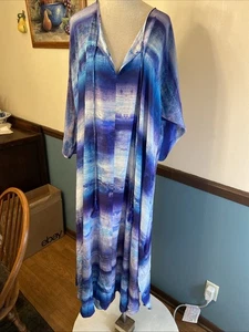 Josie Natori 100% Silk L Kaftan Blue Tassels and Beaded Neck MISSING A FEW Beads - Picture 1 of 6