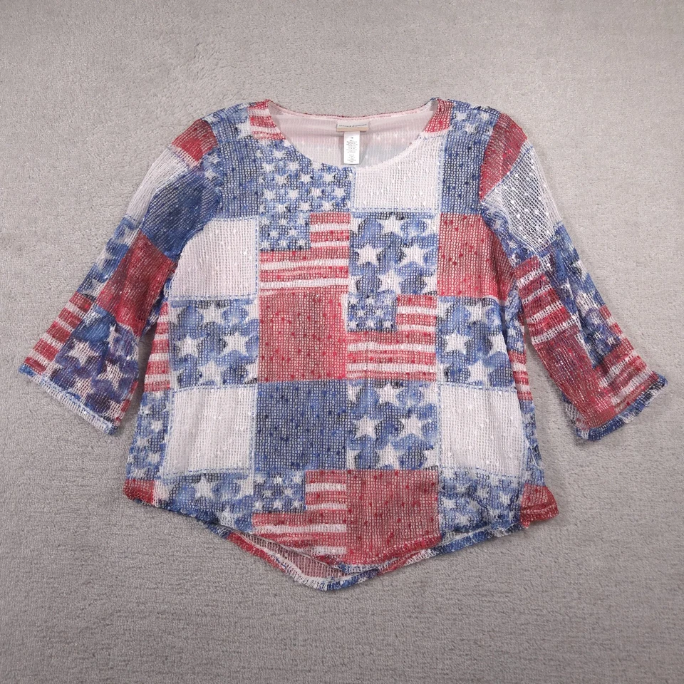 Camisa Alfred Dunner Mujer 1X Roja Blanca Azul Patriótica Manga 3/4 Adornada Foto 1 de 4