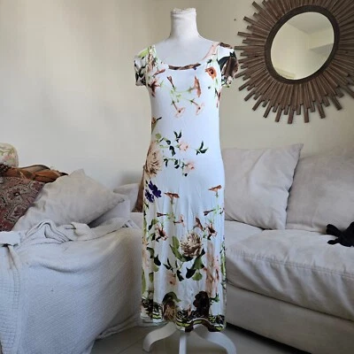 Maxi Vestido Roberto Cavalli Grande Blanco Manga Corta Elástico Rosa Estampado Floral Foto 1 de 4