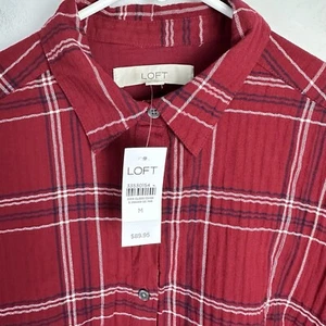 Ann Taylor LOFT Plaid Tiered Shirtdress Burgundy Red Long Sleeves Size Med NEW - Picture 1 of 12