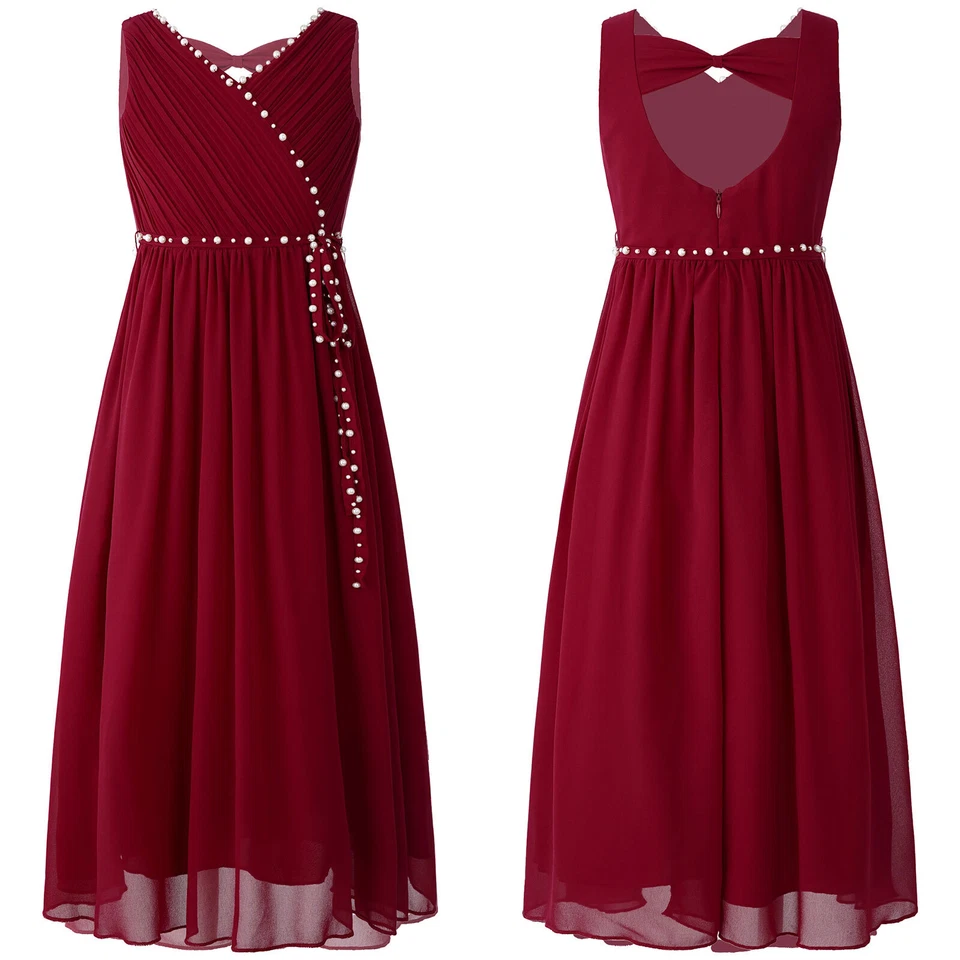 Vestido para niñas acanalado cuello en V sin mangas de gasa junior dama de honor maxi boda Foto 1 de 1