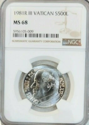 1981 VATICAN SILVER 500 LIRE POPE JOHN PAUL II NGC MS 68 STUNNING TOP POP - Image 1 of 4