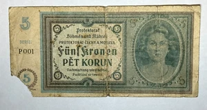1940 Czech Republic, Bohemia & Moravia, 5 Five Pet Korun, Czechia, Funf Kronen - Picture 1 of 2