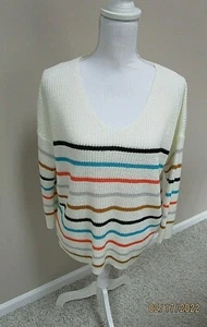 Debut Women's Pullover Roomy Sweater Winter White & Multicolor Stripes Size M/L - Picture 1 of 6