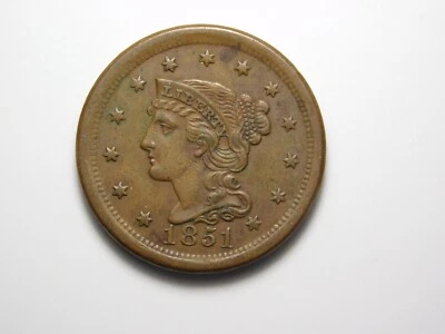 GOLD RUSH ERA OLD US COIN 1851 BRAIDED HAIR   LARGE CENT - Image 1 of 4