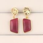 Natural Pink Botswana Agate Yellow Gold Plated Drop Dangle Hook Earrings For Her