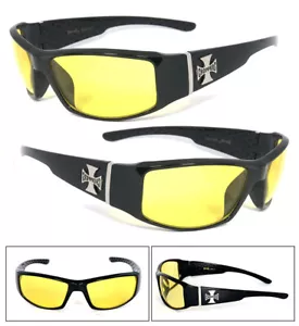 Night Driving Mens Choppers Bikers Sports Motocycle Wrap Sunglasses - Yellow C38 - Picture 1 of 5