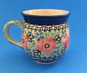 Taza burbuja cerámica polaca única floral en azules verdes melocotón 16 oz, 4" de alto - Imagen 1 de 6