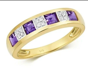 Real Amethyst and Diamond Eternity Ring Solid Yellow Gold Square Princess Band - Picture 1 of 4